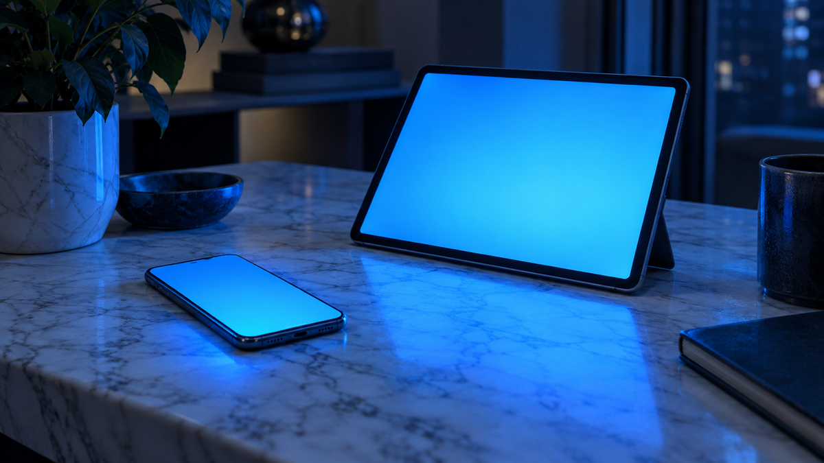 Pantalla emitiendo luz azul junto a un rostro, efecto en la piel